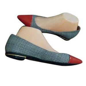Isaac Mizrahi‎ Glen Plaid and Red Leather Pointed Toe Flats